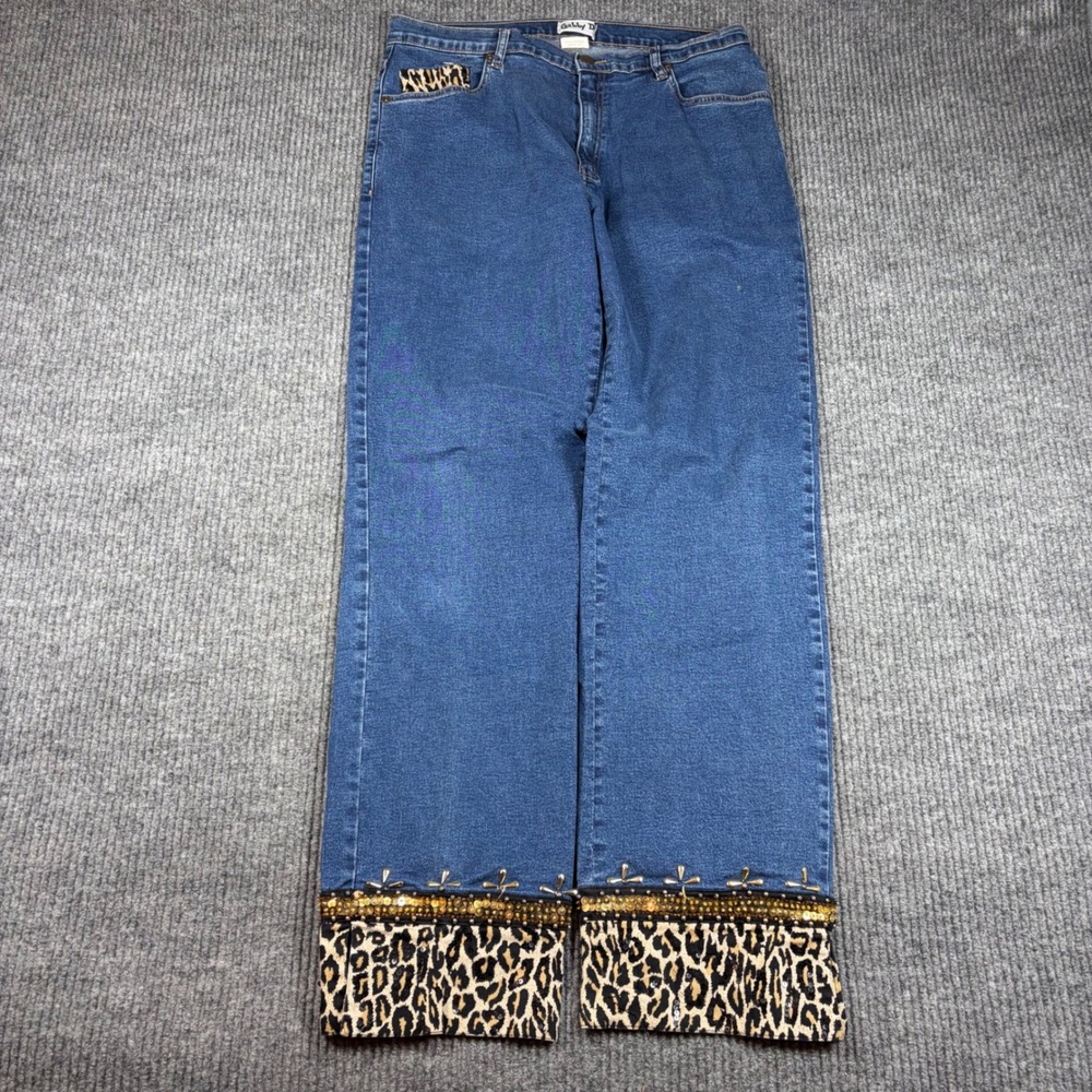 Gabby D Jeans Womens Size 12 Leopard Print Sequin Hem Straight Leg Blue Denim
